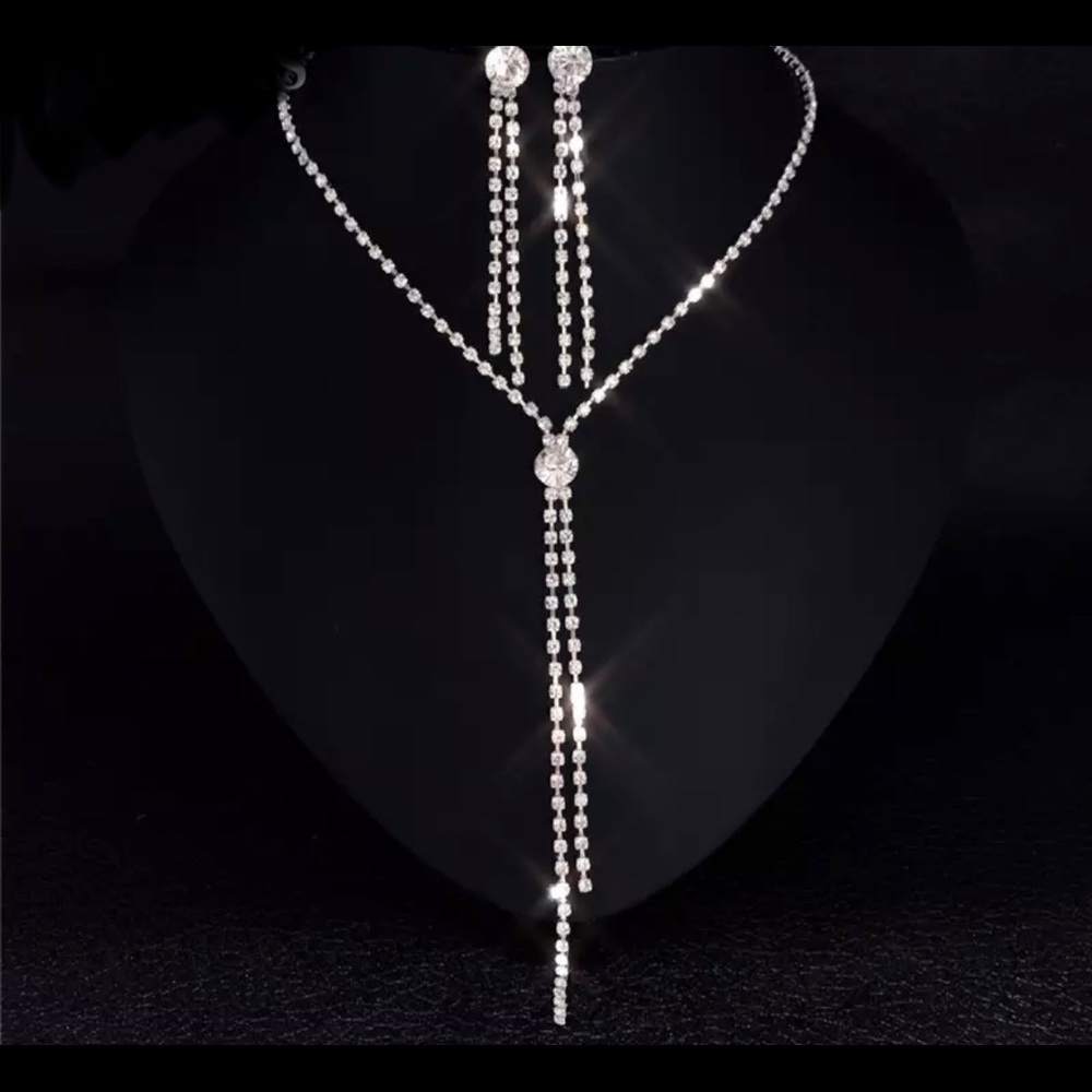 Bridal necklace earrings set silver rhinestone jewelry